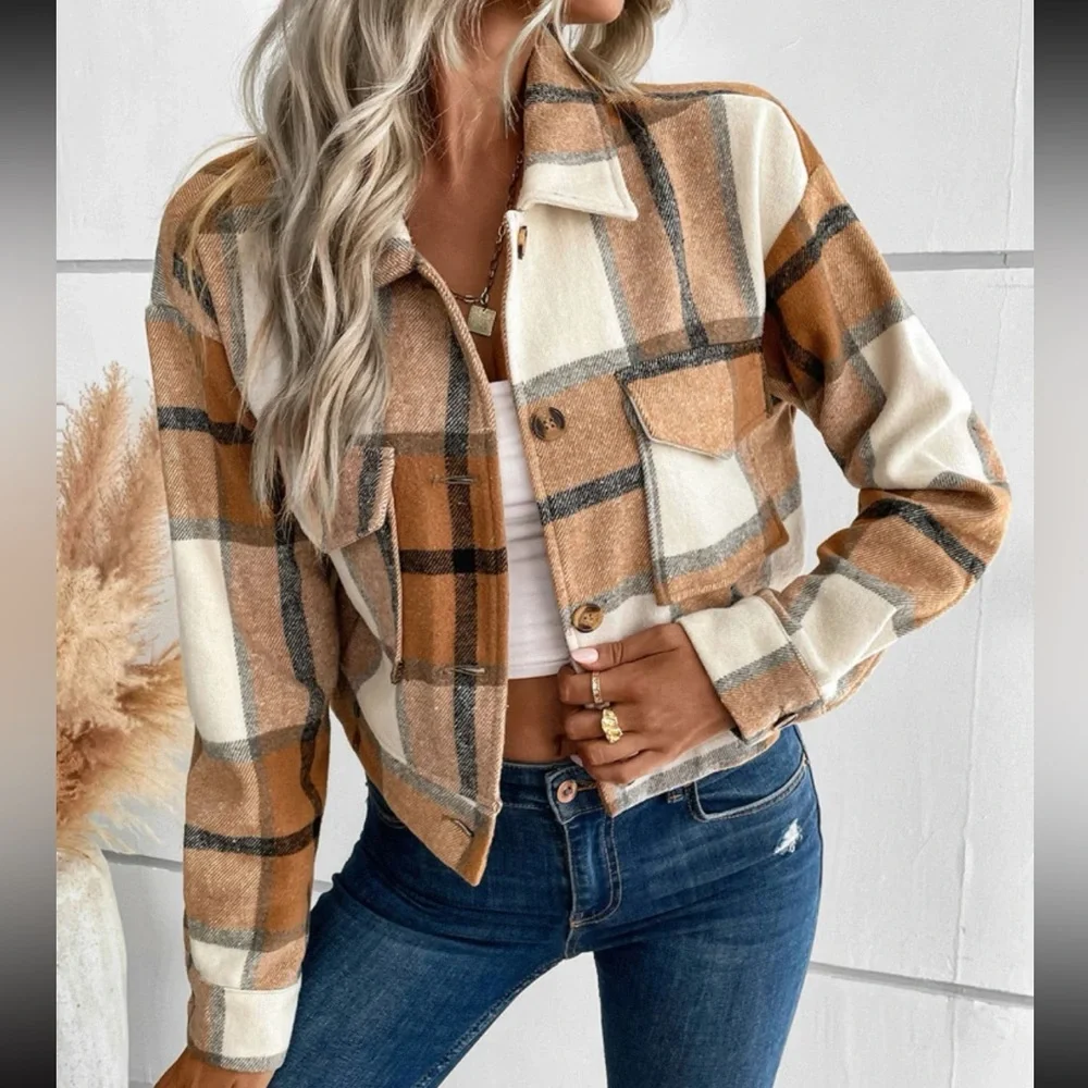 Boho navy blue plaid button down cropped jacket - Picture 10 of 16